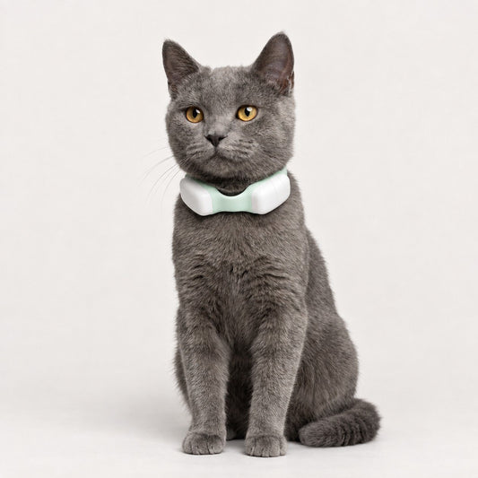 Graue Katze trägt das Wandercat-Halsband in Mint und Weiß
