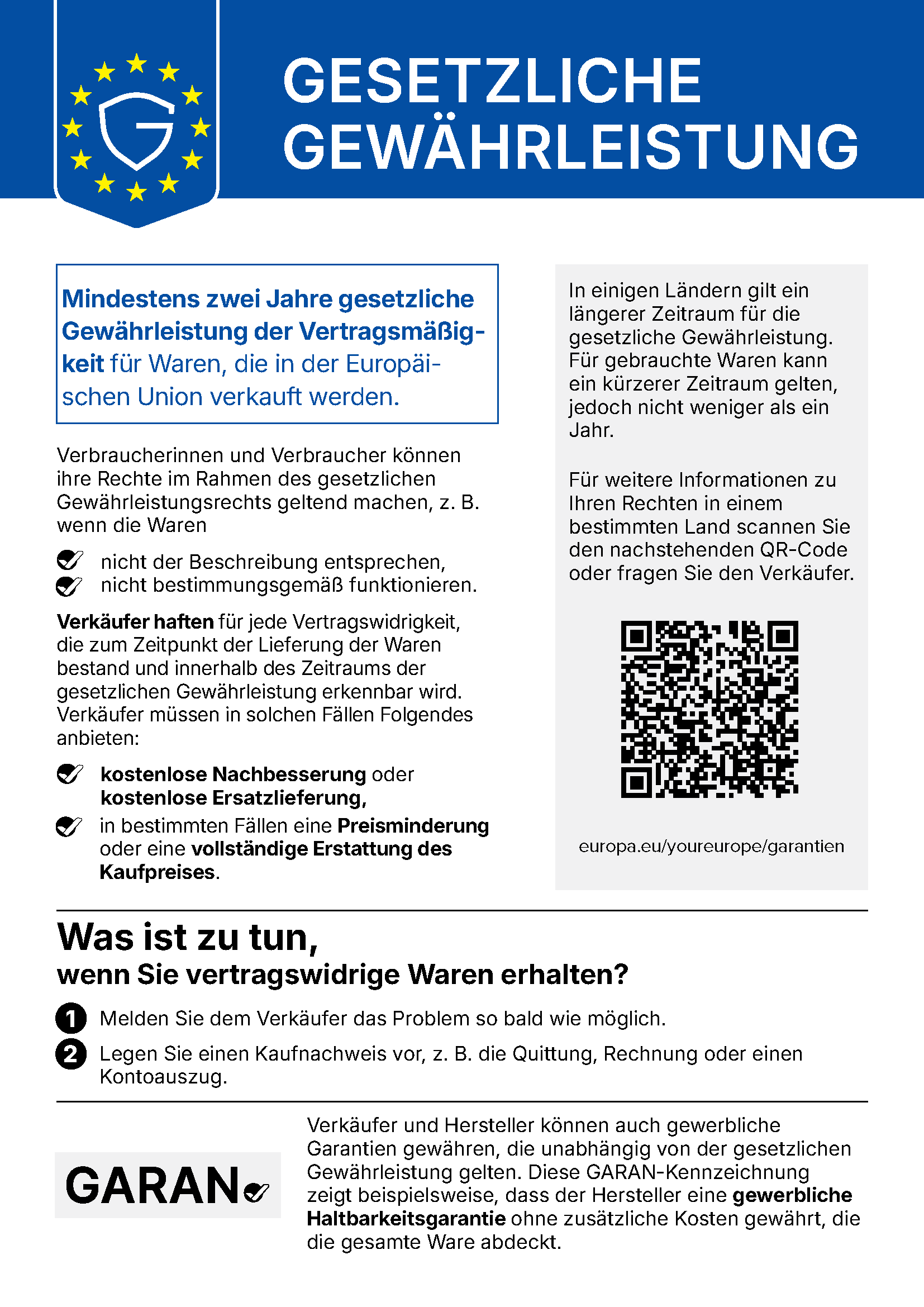 Gesetzliche Gewährleistung – mindestens zwei Jahre für Waren, die in der EU verkauft werden