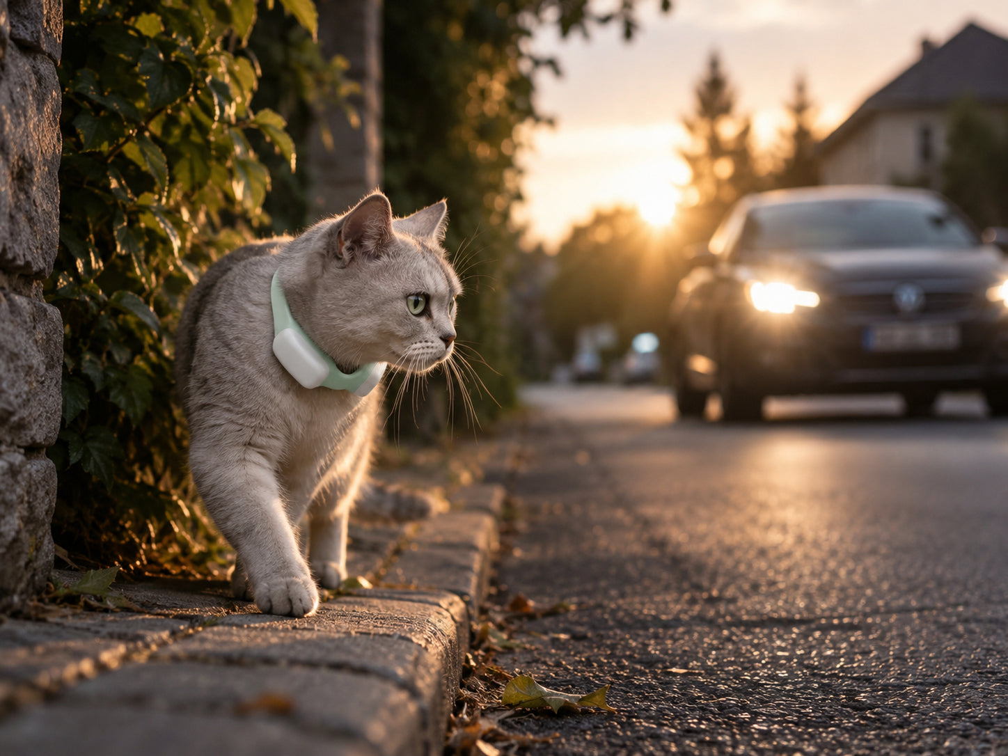 Cat sitting at the edge of a residential street